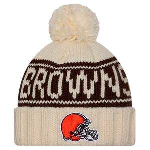 NEW ERA CLEVELAND BROWNS SIDELINE CUFF POM WOMENS KNIT BEANIE HAT, Cream/Brown